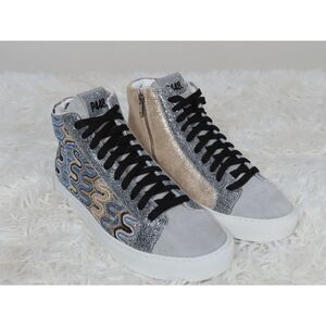 P448 Gray and Gold Embroidered High-Top Panama Sneaker Size 40